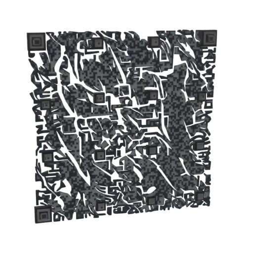 3D-рендер абстрактной скульптуры, напоминающей QR-код с плавными, органичными линиями и темной, текстурированной поверхностью