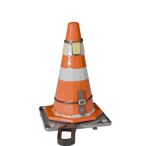 Низкополигональная 3D-модель конуса безопасности для склада, вид с трех четвертей в игровом окне, показывающий пластиковые ко