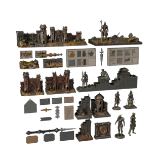 Предварительный просмотр модульного 3D-набора для создания боевых сцен в подземелье, показывающий слои деталей, вид сверху дл