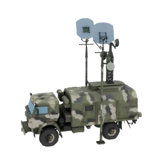 3D модель камуфлированного военного грузовика с большими радарными блюдцами сверху на черном фоне.