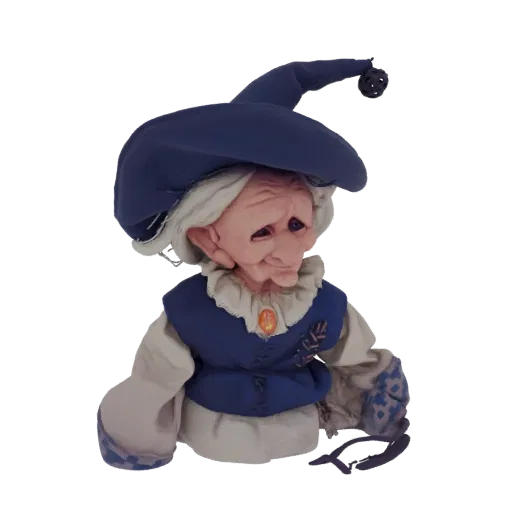 3D модель куклы-ведьмы в стиле фэнтези с синей остроконечной шляпой, жабо и детализированной одеждой на черном фоне.