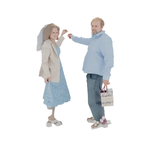 3D модель танцующей пары, женщина в фате и синем платье, мужчина держит цветочную подарочную сумку.