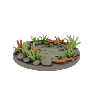 3D модель круглой подставки "Речной берег" с травой, камнями и веточками, с центральной площадкой для миниатюры.