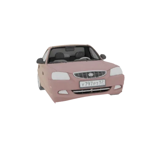 3D рендер розового Hyundai Accent седан, вид спереди справа, на черном фоне.