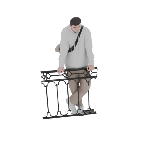 3D модель молодого человека в толстовке и бежевых брюках, опирающегося на черную металлическую балюстраду, смотрящего вниз.