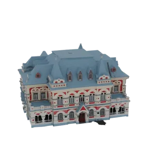 3D-модель орнаментального европейского особняка с синей мансардной крышей, белыми стенами и красными декоративными акцентами.