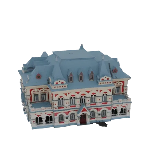 3D-модель орнаментального европейского особняка с синей мансардной крышей, белыми стенами и красными декоративными акцентами.