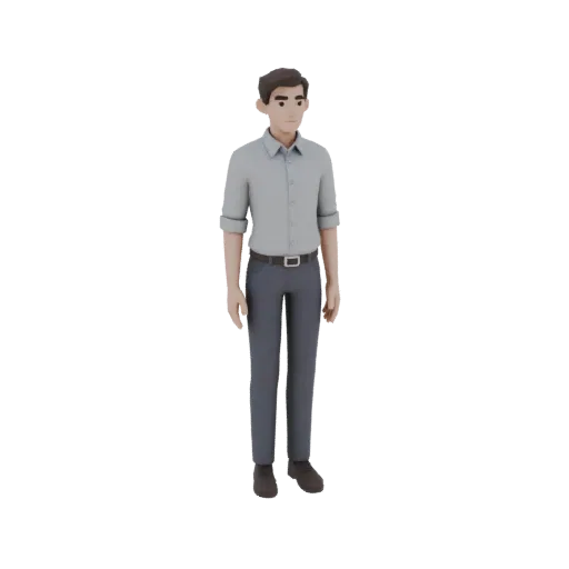Низкополигональная 3D модель мужчины в T-позе, одетого в серую рубашку и синие брюки, с отдельными пальцами.