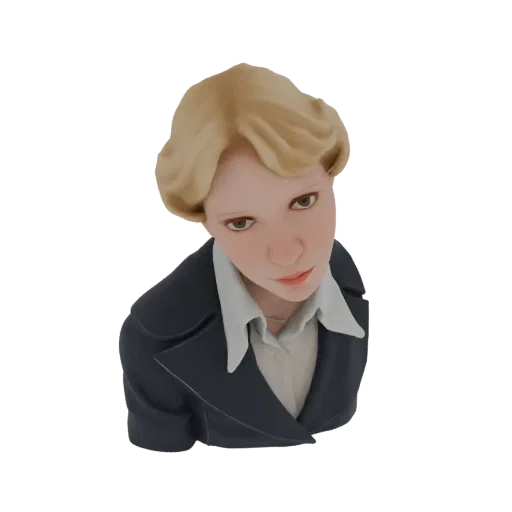 Рендер 3D модели молодой женщины с блондинистыми волосами в темном костюме и белой рубашке, смотрящей немного вниз.