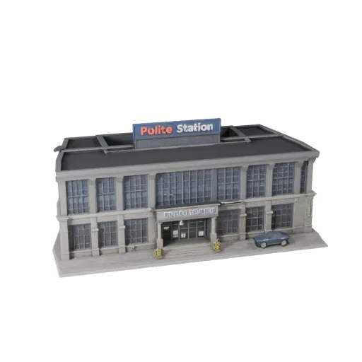 3D модель полицейского участка, готовая к работе в Blender, вид рендера студии Blender, показывающий материалы общедоступного