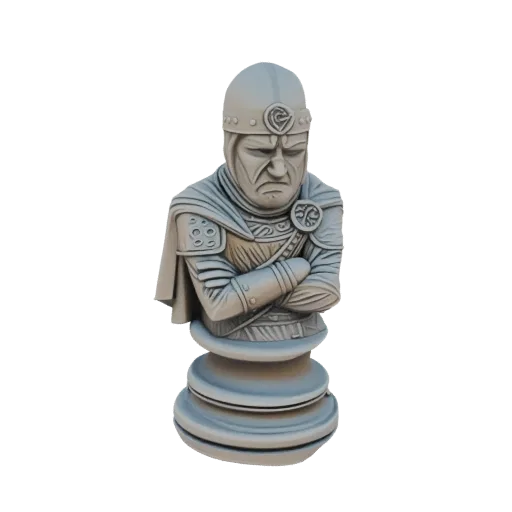 3D модель шахматного рыцаря с хмурым лицом и скрещенными руками, в каменной текстуре.