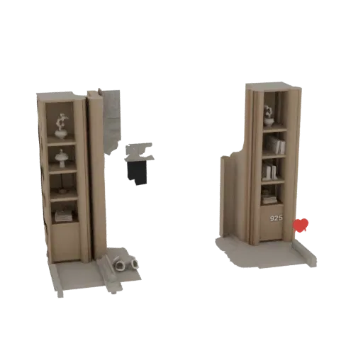 3D модель современной книжной полки из светлого дерева с декоративными вазами, книгами и ящиком с маркировкой '925'.