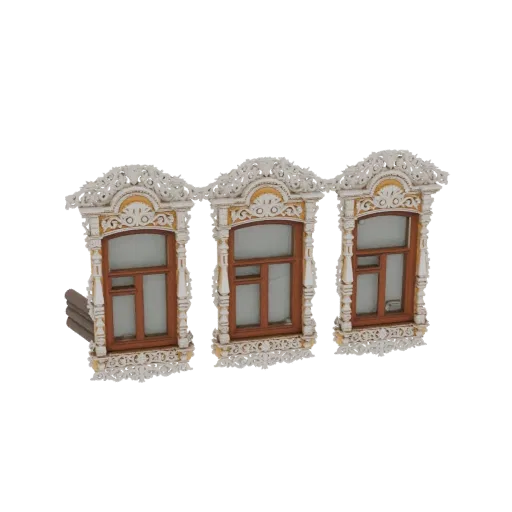 3D модель трех витых, бело-золотых резных традиционных русских деревянных оконных наличников, представленных вместе.