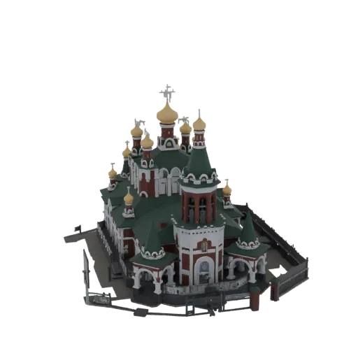 3D модель православной церкви с золотыми куполами, красно-белыми стенами и зелеными крышами на белом фоне.