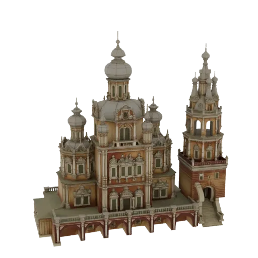 3D модель Храма Успения на Покровке, демонстрирующая его богато украшенные купола, колокольню и сложный фасад.