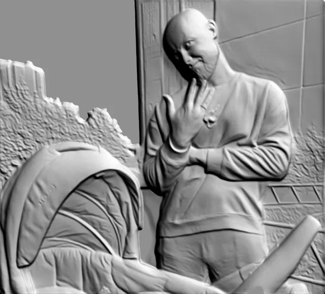3D модель барельефа с мужчиной, смотрящим на детскую коляску, в стиле рельефной скульптуры.