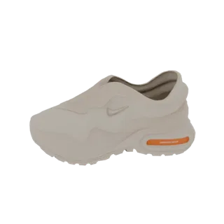 3D-рендер светло-бежевых кроссовок Nike Air Max с оранжевой воздушной подушкой в подошве, вид сбоку.