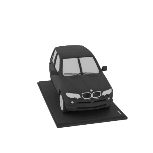3D-модель черного внедорожника BMW X5 E53 на темной подставке на черном фоне.