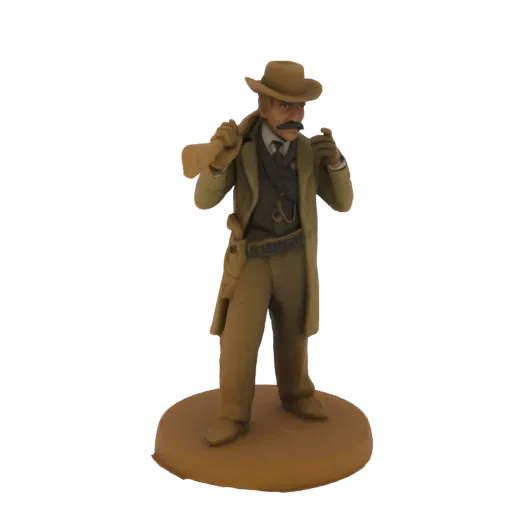 3D модель фигуры ковбоя Дикого Запада с винтовкой на плече, в шляпе и плаще, стоящего на круглой подставке.