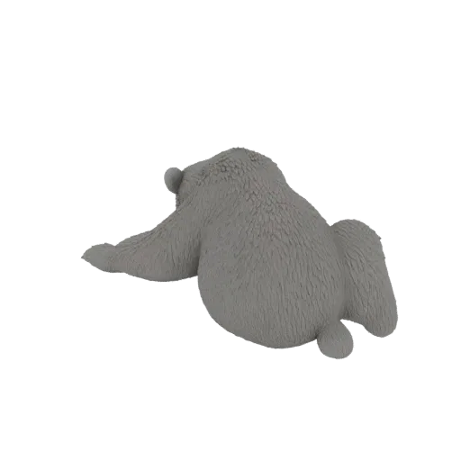 3D модель лежащего серого медведя, вид сбоку под небольшим углом, с мягкой текстурой меха.