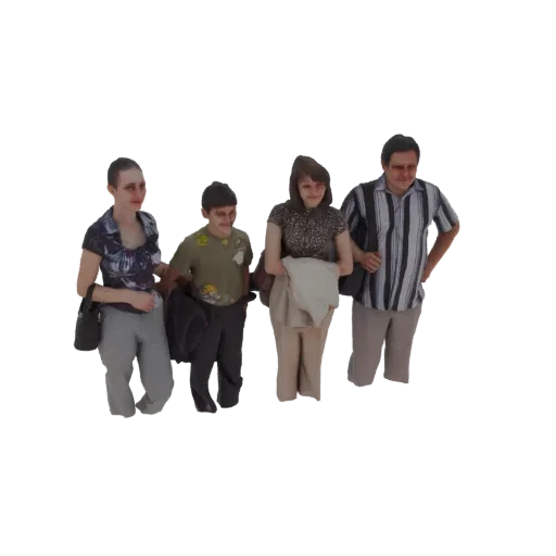 3D модель семьи из четырех человек, двое взрослых и двое детей, стоящих вместе с сумками.