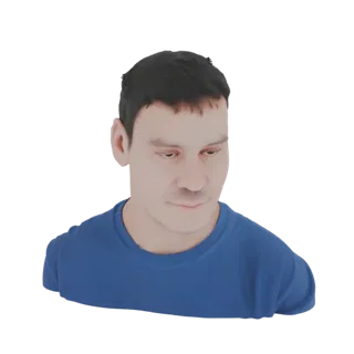 Рендер 3D модели бюста молодого человека с короткими темными волосами в синей футболке, смотрящего вниз.