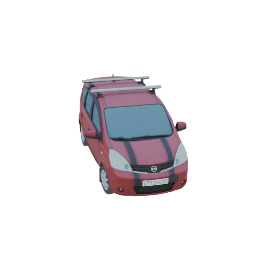 3D модель красного Nissan Note MPV с серебристым багажником на крыше, вид спереди в три четверти.