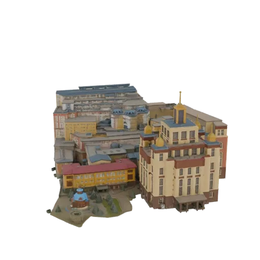 3D модель городского квартала советской эпохи с несколькими зданиями, характерными архитектурными стилями и планировкой.