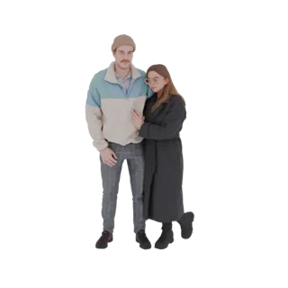 3D-модель мужчины и женщины в объятиях, оба в повседневной зимней одежде, на белом фоне.