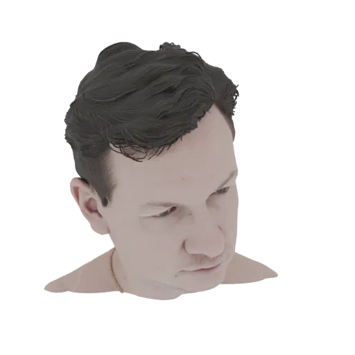 Рендер 3D модели мужской головы с темными стильными волосами, взгляд немного вниз и в сторону.