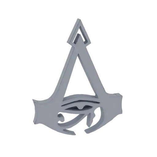 Рендер 3D-модели кулона "Око Гора" из Assassin's Creed, стилизованный символ в сером цвете.