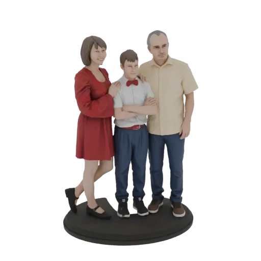 3D-модель семьи из трех человек: мать в красном платье, отец в желтой рубашке и сын в белой рубашке с красным галстуком-бабоч