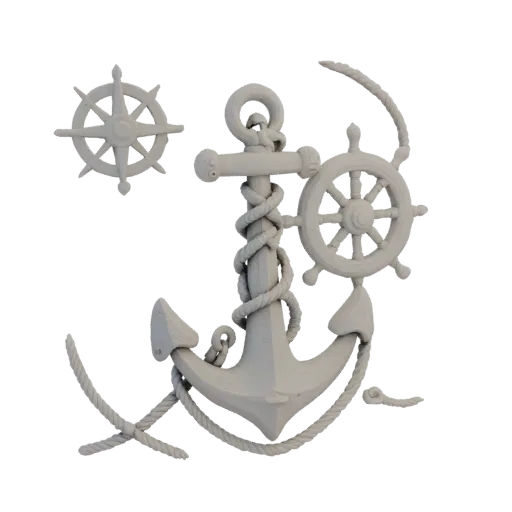 3D модель морского барельефа с якорем, штурвалом и компасом, обвитыми канатом