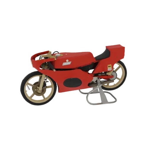 Вид сбоку 3D модели красного гоночного мотоцикла Morbidelli MBA Bassotto 1978 на подставке.