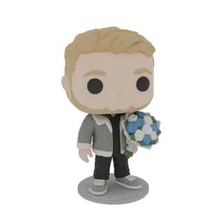 3D-модель фигурки в стиле Funko Pop мужчины со светлыми волосами и бородой, в серой куртке, держащего букет сине-белых цветов