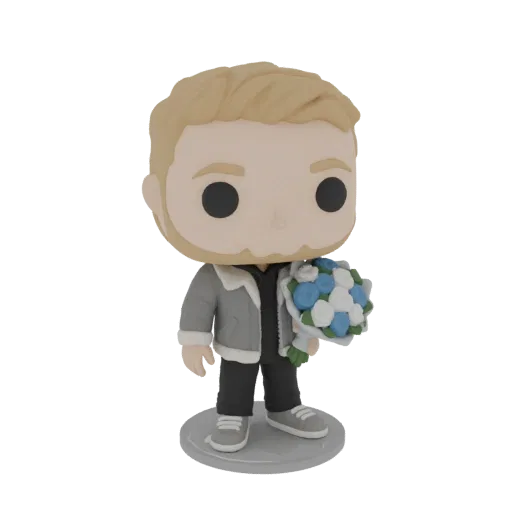 3D-модель фигурки в стиле Funko Pop мужчины со светлыми волосами и бородой, в серой куртке, держащего букет сине-белых цветов