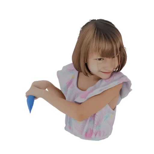 3D модель юной девочки с каштановыми волосами, улыбающейся и держащей синий конус, в топе с цветочным принтом.