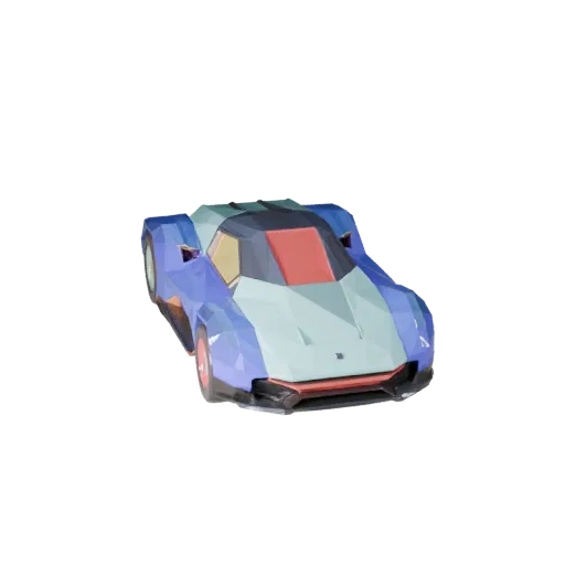 Низкополигональная 3D-модель летающего автомобиля, вид в игровом окне в три четверти, низкополигональный ассет транспортного