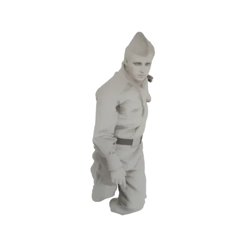 3D модель солдата на коленях в форме и кепке, смотрящего на зрителя.