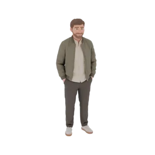 3D model of a man with brown hair and beard, wearing an olive green bomber jacket, light shirt, and grey trousers, standing w