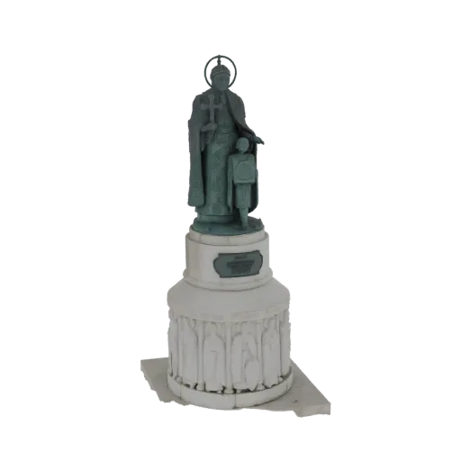 3D модель Статуи Святого Владимира с ребенком, бронзовая фигура на детализированном каменном постаменте.