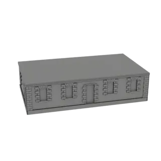 3D модель классического каменного здания с кирпичными стенами, арочными окнами и центральным дверным проемом, представленная