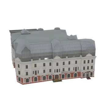 3D модель фасада гранд-отеля в европейском стиле с мансардной крышей, арочными окнами и богато украшенными деталями на белом
