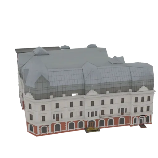 3D модель фасада гранд-отеля в европейском стиле с мансардной крышей, арочными окнами и богато украшенными деталями на белом