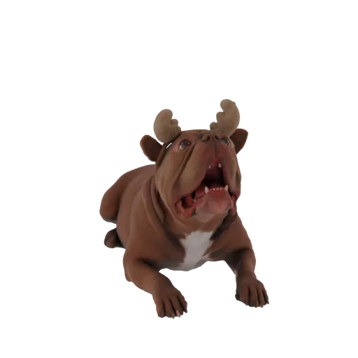 3D модель коричневого французского бульдога в оленьих рогах, смотрящего вверх с открытым ртом.