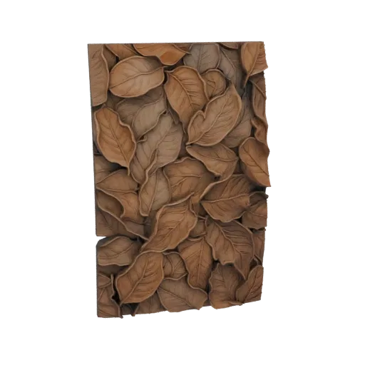 3D модель прямоугольной настенной панели, плотно покрытой реалистичными текстурированными осенними листьями коричневого цвета