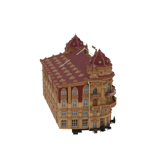 3D модель богато украшенного европейского здания с красной мансардной крышей, бежевым фасадом и детализированными окнами на ч