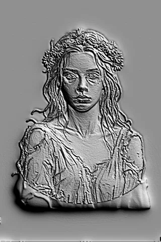 3D модель барельефа девушки с венком из цветов, выполненная в классическом стиле.