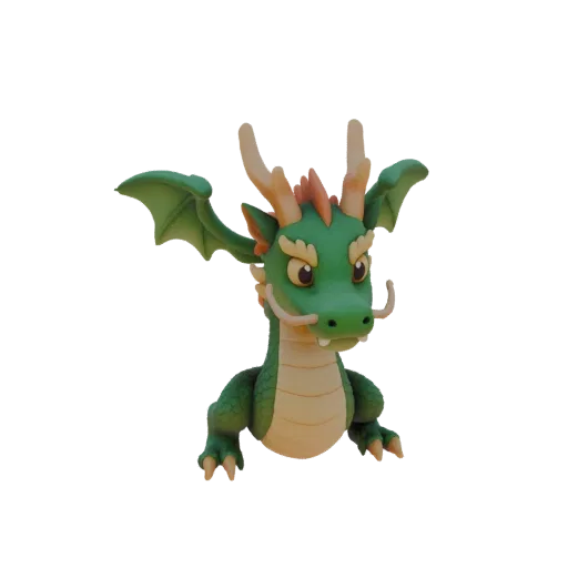 3D модель зеленого мультяшного дракона с большими глазами и расправленными крыльями