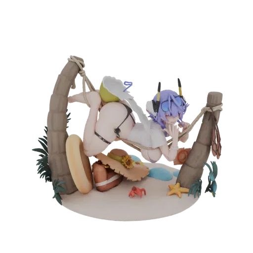 3D модель аниме девушки с фиолетовыми волосами, отдыхающей в гамаке на пляже, с тропическими аксессуарами.